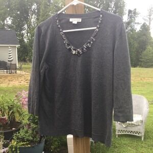 Coldwater creek womens beaded sweater L grey embellished rhinestone fairy y2k